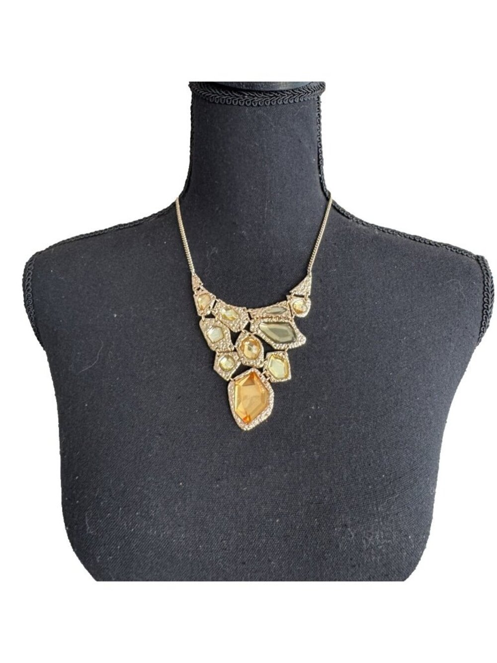 Chicos GoldTone 21" Yellow Green Stones Statement BIb Short Necklace NEW